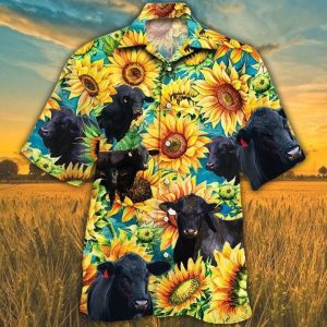 Men Brangus Cattle Trendy Hawaiian Shirt Yellow Sunflower