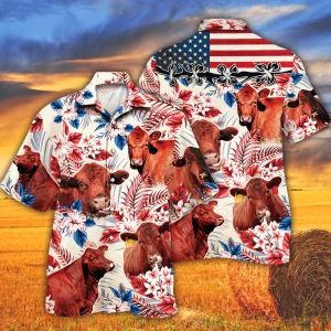 Red Angus Cattle Lovers American Flag Trendy Hawaiian Shirt