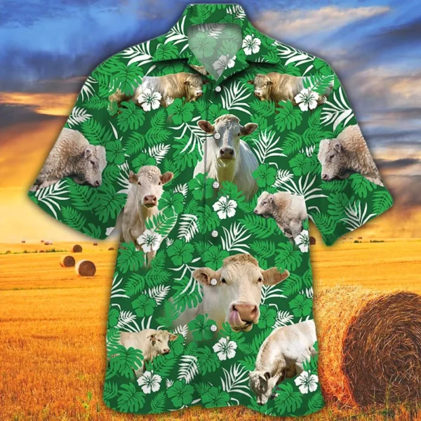 Charolais Cattle Lovers Green Floral Pattern Trendy Hawaiian Shirt