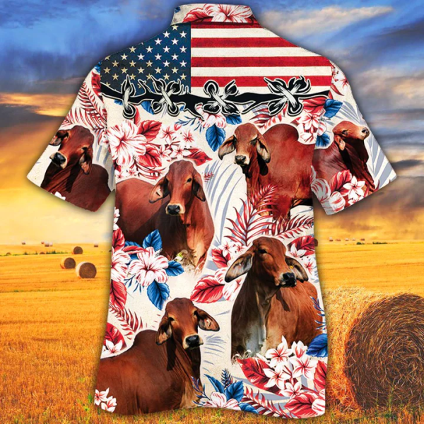 Red Brahman Cattle Lovers American Flag Trendy Hawaiian Shirt