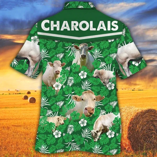 Charolais Cattle Lovers Green Floral Pattern Trendy Hawaiian Shirt