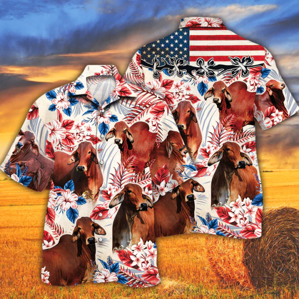 Red Brahman Cattle Lovers American Flag Trendy Hawaiian Shirt